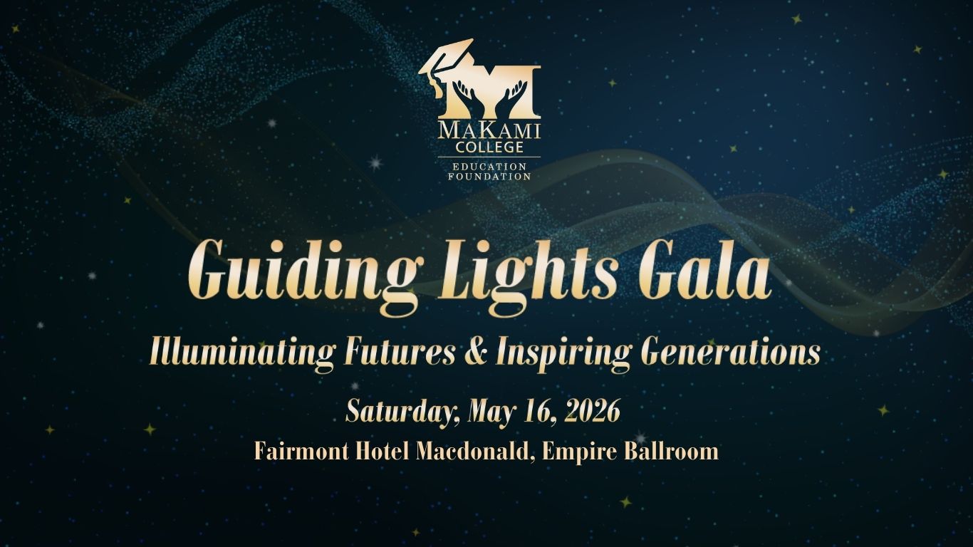 Guiding Lights Gala 2026 promotional banner for the MaKami College Education Foundation — Illuminating Futures and Inspiring Generations, Saturday May 16 at the Fairmont Hotel Macdonald Empire Ballroom in Edmonton Alberta